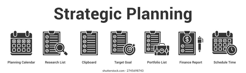 Strategic Planning web banner icon set vector illustration concept for business with icon of Planning Calendar, Research List, Clipboard, Target Goal, Portfolio List, Finance Repo.
