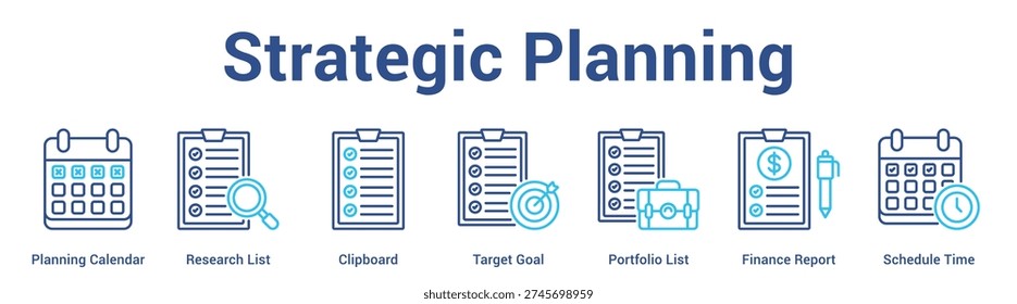 Strategic Planning web banner icon set vector illustration concept for business with icon of Planning Calendar, Research List, Clipboard, Target Goal, Portfolio List, Finance Repo.
