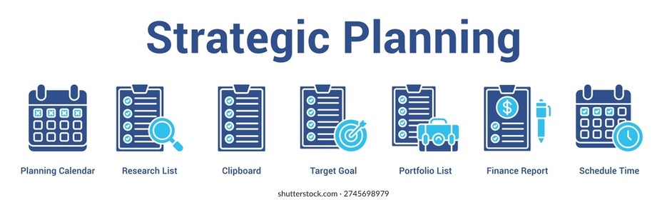 Strategic Planning web banner icon set vector illustration concept for business with icon of Planning Calendar, Research List, Clipboard, Target Goal, Portfolio List, Finance Repo.