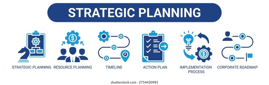 Strategic Planning web banner icon vector illustration concept with icons of strategic planning, resource planning, timeline, action plan, implementation process, and corporate roadmap.