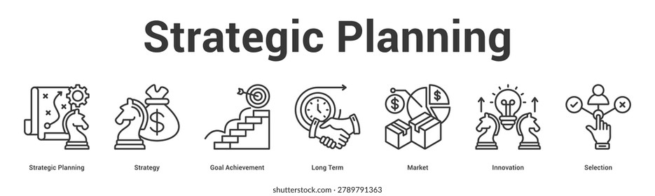 Strategic Planning web banner icon set vector illustration concept for business with icon of Strategic Planning, Strategy, Goal Achievement, Long Term, Mark.