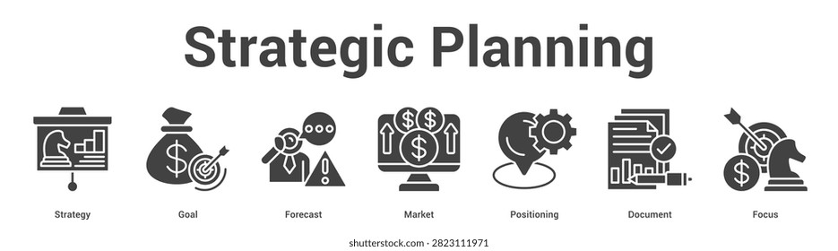 Strategic Planning web banner icon set vector illustration concept for business with icon of Strategy, Goal, Forecast, Market, Positioni.