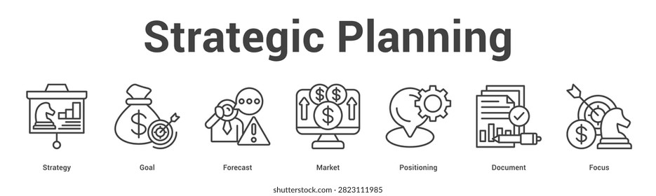 Strategic Planning web banner icon set vector illustration concept for business with icon of Strategy, Goal, Forecast, Market, Positioni.