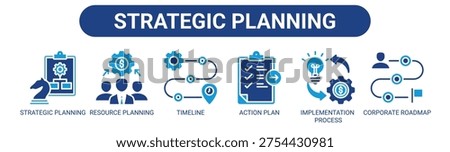 Strategic Planning web banner icon vector illustration concept with icons of strategic planning, resource planning, timeline, action plan, implementation process, and corporate roadmap.