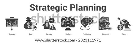 Strategic Planning web banner icon set vector illustration concept for business with icon of Strategy, Goal, Forecast, Market, Positioni.