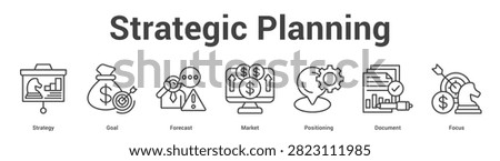 Strategic Planning web banner icon set vector illustration concept for business with icon of Strategy, Goal, Forecast, Market, Positioni.