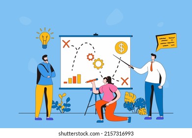 Strategic planning web concept in flat 2d design. Men and woman create plan, discuss and generate ideas, analyze statistics, create strategy for business. Vector illustration with people scene