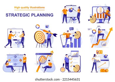 Strategic planning web concept with people scenes set in flat style. Bundle of data analysis, brainstorming, create business plan, targeting, generate ideas. Vector illustration with character design