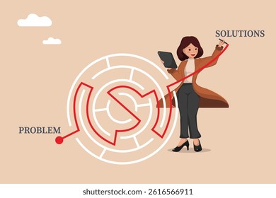 Strategic Problem Solving Woman Drawing a Clear Path Through a Complex Maze to Reach Innovative Solutions, Illustrating Business Strategy and Analytical Thinking.