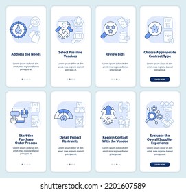 Strategic procurement planning light blue onboarding mobile app screen set. Walkthrough 4 steps editable instructions with linear concepts. UI, UX, GUI template. Myriad Pro-Bold, Regular fonts used