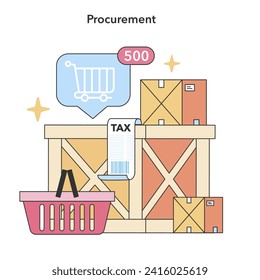 Strategic procurement process. Efficient order placement, bulk purchasing, and tax considerations in supply chain management. Maximizing value through cost-effective sourcing. vector illustration.