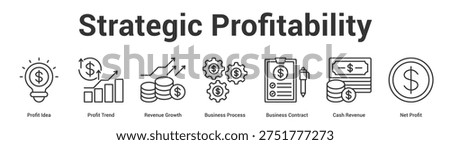 Strategic Profitability web banner icon set vector illustration concept for business with icon of Profit Idea, Profit Trend, Revenue Growth, Business Process, Business Contract, Cash Reven.
