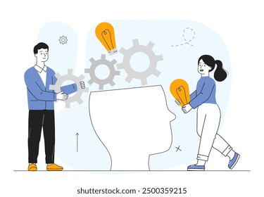 Strategic project management. Man and woman with coghweels and light bulb will silhouette head. Organizing efficient work process. Linear vector illustration isolated on white background