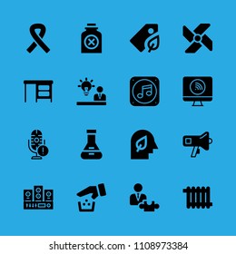 strategic, recycling, awareness ribbon, music file, sound system, desktop, megaphone, windmill and mind vector icon. Simple icons set