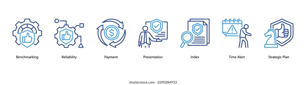 Ícone de banner da Web Confiabilidade Estratégica ilustração com Benchmarking, Confiabilidade, Pagamento, Apresentação, Índice, Alerta de Tempo e Plano Estratégico.