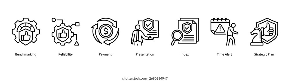 Ícone de banner da Web Confiabilidade Estratégica ilustração com Benchmarking, Confiabilidade, Pagamento, Apresentação, Índice, Alerta de Tempo e Plano Estratégico.