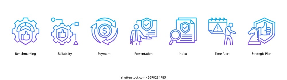 Ilustración vectorial de íconos de Anuncio de Web de confiabilidad estratégica que incluye evaluación comparativa, confiabilidad, pago, presentación, índice, alerta de tiempo y Plan estratégico.