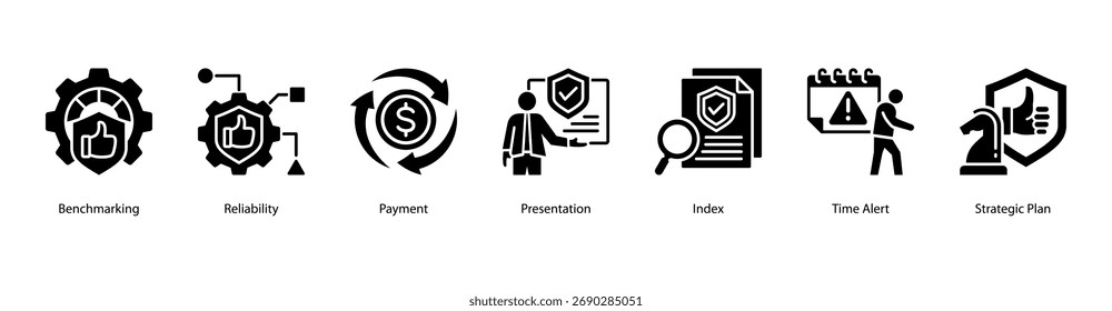 Ícone de banner da Web Confiabilidade Estratégica ilustração com Benchmarking, Confiabilidade, Pagamento, Apresentação, Índice, Alerta de Tempo e Plano Estratégico.