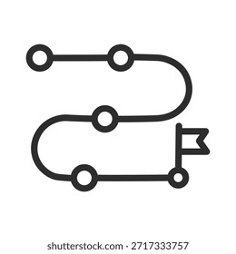 Icono de Vector de hoja de ruta estratégica de un camino sinuoso con marcadores de hitos y bandera para la planificación empresarial, los objetivos y el recorrido del éxito