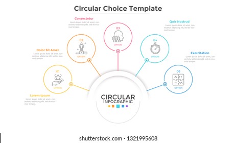 Strategic scheme with 5 circular linear elements connected to main circle. Concept of five features or option of business project. Simple infographic design template. Vector illustration for banner.