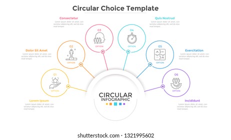 Strategic scheme with 6 circular linear elements connected to main circle. Concept of six features or option of business project. Simple infographic design template. Vector illustration for banner.