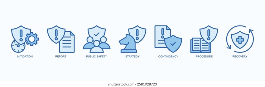 Strategic Shield Icon Set Isolated Vector Illustration Concept With Icon Of Mitigation, Report, Public Safety, Strategy, Contingency, Procedure, Recovery In Blue Style