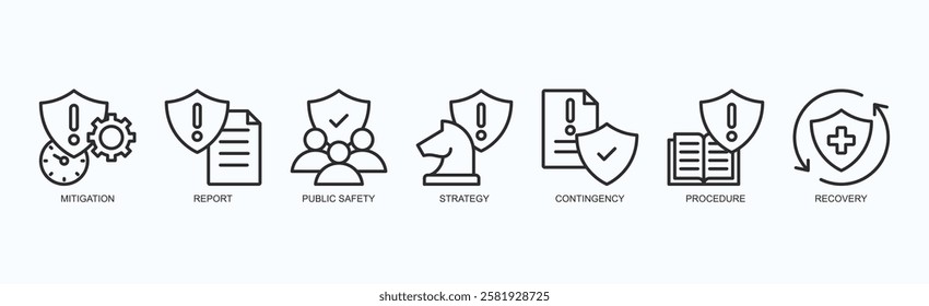 Strategic Shield Icon Set Isolated Vector Illustration Concept With Icon Of Mitigation, Report, Public Safety, Strategy, Contingency, Procedure, Recovery In Outline Style