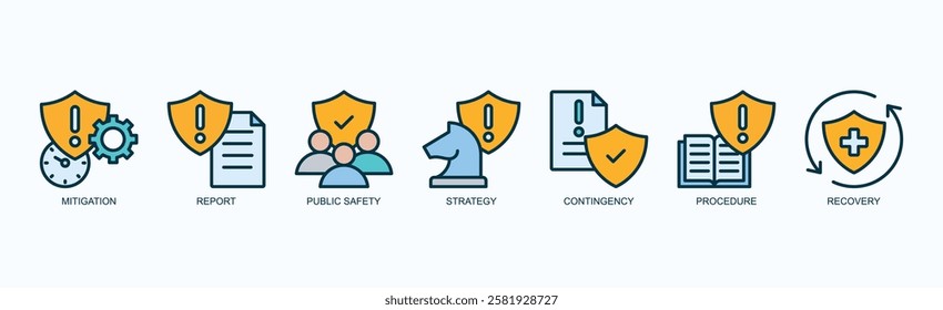 Strategic Shield Icon Set Isolated Vector Illustration Concept With Icon Of Mitigation, Report, Public Safety, Strategy, Contingency, Procedure, Recovery In Outline Color Style