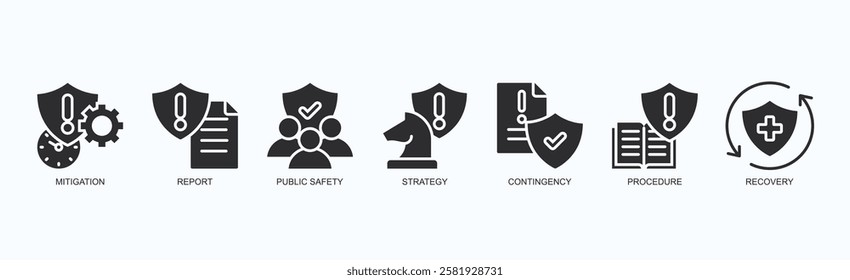 Strategic Shield Icon Set Isolated Vector Illustration Concept With Icon Of Mitigation, Report, Public Safety, Strategy, Contingency, Procedure, Recovery In Black Style