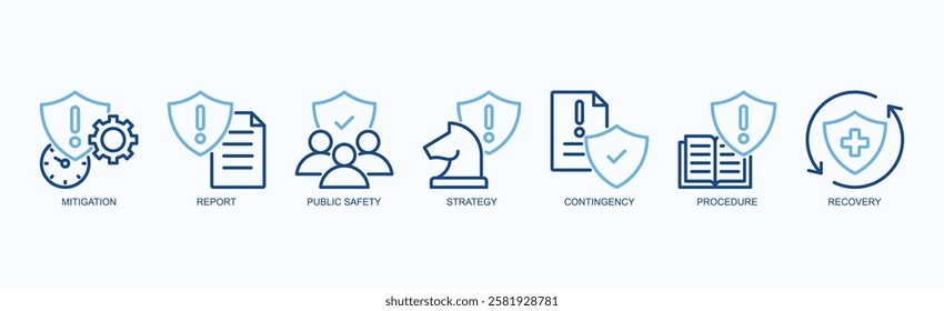 Strategic Shield Icon Set Isolated Vector Illustration Concept With Icon Of Mitigation, Report, Public Safety, Strategy, Contingency, Procedure, Recovery In Two Color Outline Style