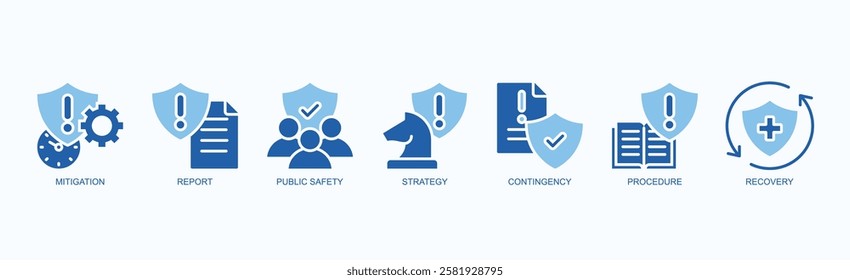 Strategic Shield Icon Set Isolated Vector Illustration Concept With Icon Of Mitigation, Report, Public Safety, Strategy, Contingency, Procedure, Recovery In Two Color Glyph Style