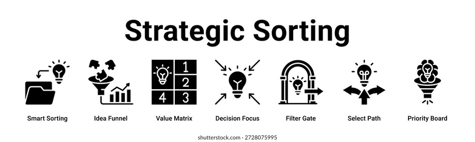 Classificação estratégica ícone do banner web vetor ilustração conceito para negócios com ícone de Classificação inteligente, Funil ideal, Matriz de valor, Foco de decisão, Portão de filtro, Selecionar caminho.