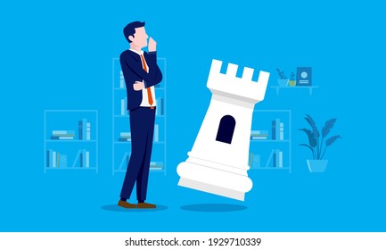 Strategic thinking - Businessman contemplating in front of chess piece with blue background. Business strategy concept. Vector illustration.