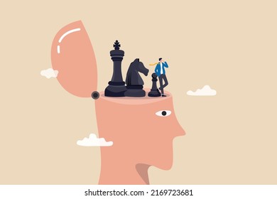 Strategic thinking to get business solution and win competition, leadership challenge to think about new idea, intelligence or wisdom for success, businessman thinking with chess piece on his head.