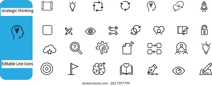Strategic thinking minimal line icon pack showing creative process symbols for professional project management layouts on transparent