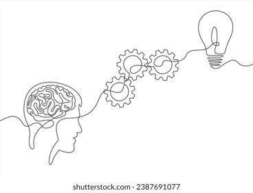 Strategisches Denken und Planen mit Kopf und Glühbirne mit Zahnräder.kontinuierliche Linie	
