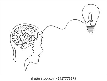 Strategic thinking and planning concept with head line and lightbulb with gears.continuous line	