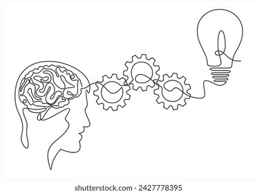 Strategic thinking and planning concept with head line and lightbulb with gears.continuous line	