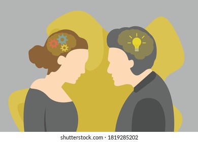 Concepto estratégico de pensamiento y planificación: Cabeza de mujer con equipo y cabeza de hombre con bombilla