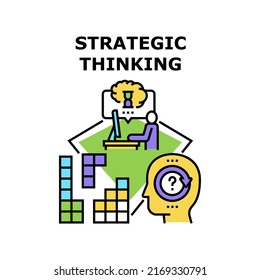 Concepto de icono del vector de pensamiento estratégico. Pensamiento Estratégico Y Lluvia De Ideas, Desarrollando La Estrategia De La Empresa En Computadora En El Área De Trabajo. Visión De Liderazgo E Ilustración Del Color De Las Decisiones