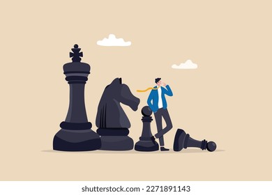 Strategic thinking to win business competition, marketing strategy or planning to make decisions, challenge or problem solving concept, contemplation businessman thinking with chess pieces.