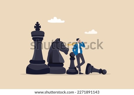 Strategic thinking to win business competition, marketing strategy or planning to make decisions, challenge or problem solving concept, contemplation businessman thinking with chess pieces.