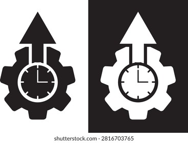 Strategic Time Management and Progress Icon: Gear Mechanism with Integrated Clock and Rising Arrow.
