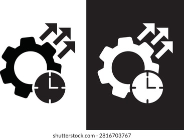 Strategic Time Management and Progress Icon: Gear Mechanism with Integrated Clock and Rising Arrow.