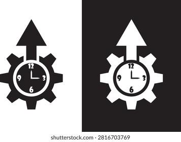 Strategic Time Management and Progress Icon: Gear Mechanism with Integrated Clock and Rising Arrow.