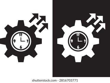 Strategic Time Management and Progress Icon: Gear Mechanism with Integrated Clock and Rising Arrow.