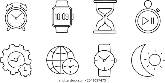 Strategic Time stroke Icon Set: Featuring visually refined clocks, stopwatches, and hourglasses for dynamic scheduling.