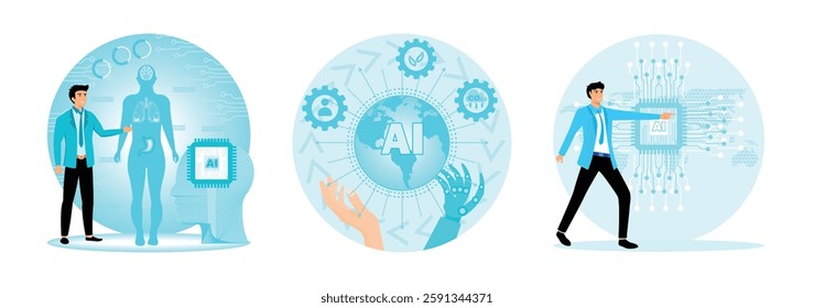 Strategic use of AI in global business and healthcare. Robot hand about to touch human hand embracing earth. Business visionary points to AI letter on a world map. Set flat vector modern illustration 