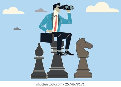 Strategic vision in business. A businessman on a chess piece uses binoculars to gain a competitive advantage and achieve goals.