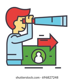 Strategic vision, future trends, man with spyglass, strategy concept. Line vector icon. Editable stroke. Flat linear illustration isolated on white background